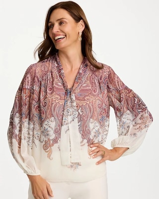 Paisley Chiffon Tie-Neck Pullover Top