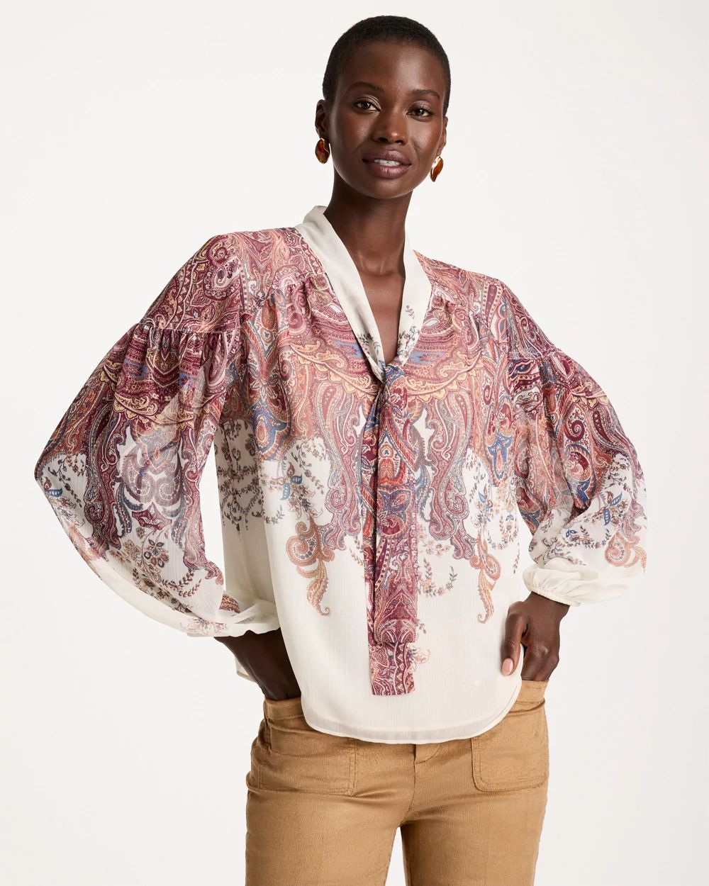 Paisley Chiffon Tie-Neck Pullover