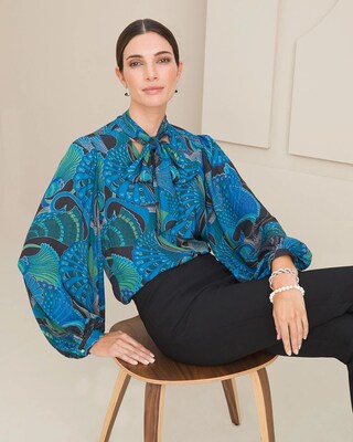 Peacock-Print Satin Tie-Neck Blouse