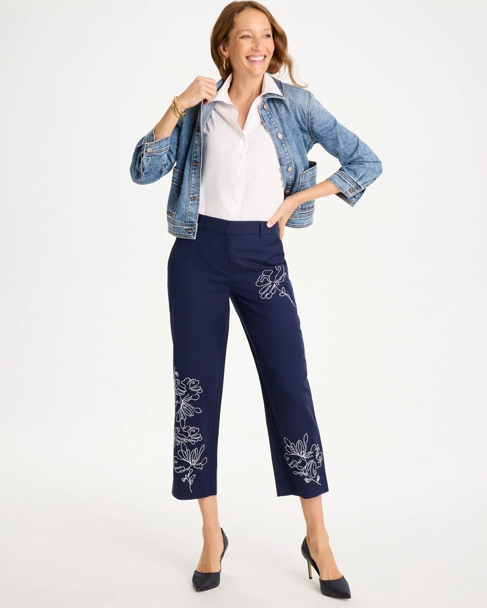 Embroidered Linen Fly Front Pants