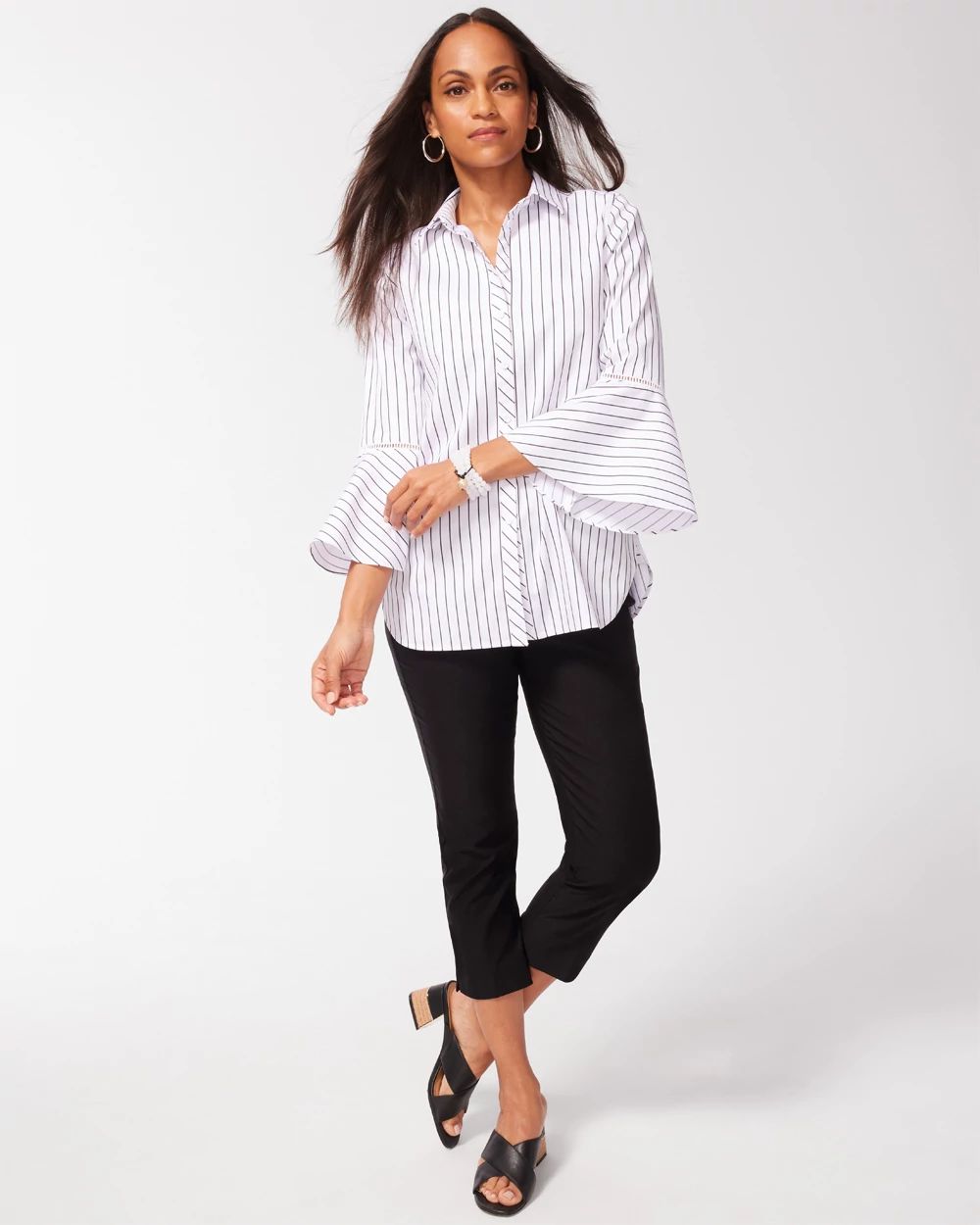 No Iron Stretch Stripe Flare Sleeve Tunic