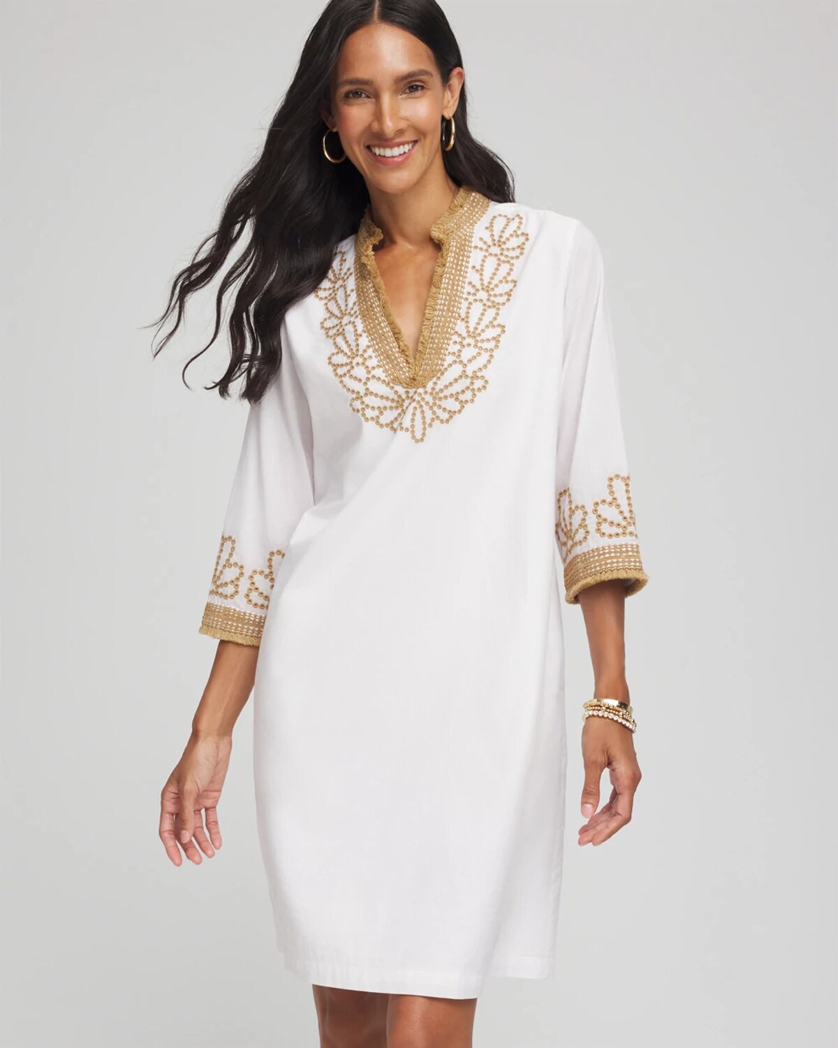 Chico's Embroidered Kurta Dress In White In White