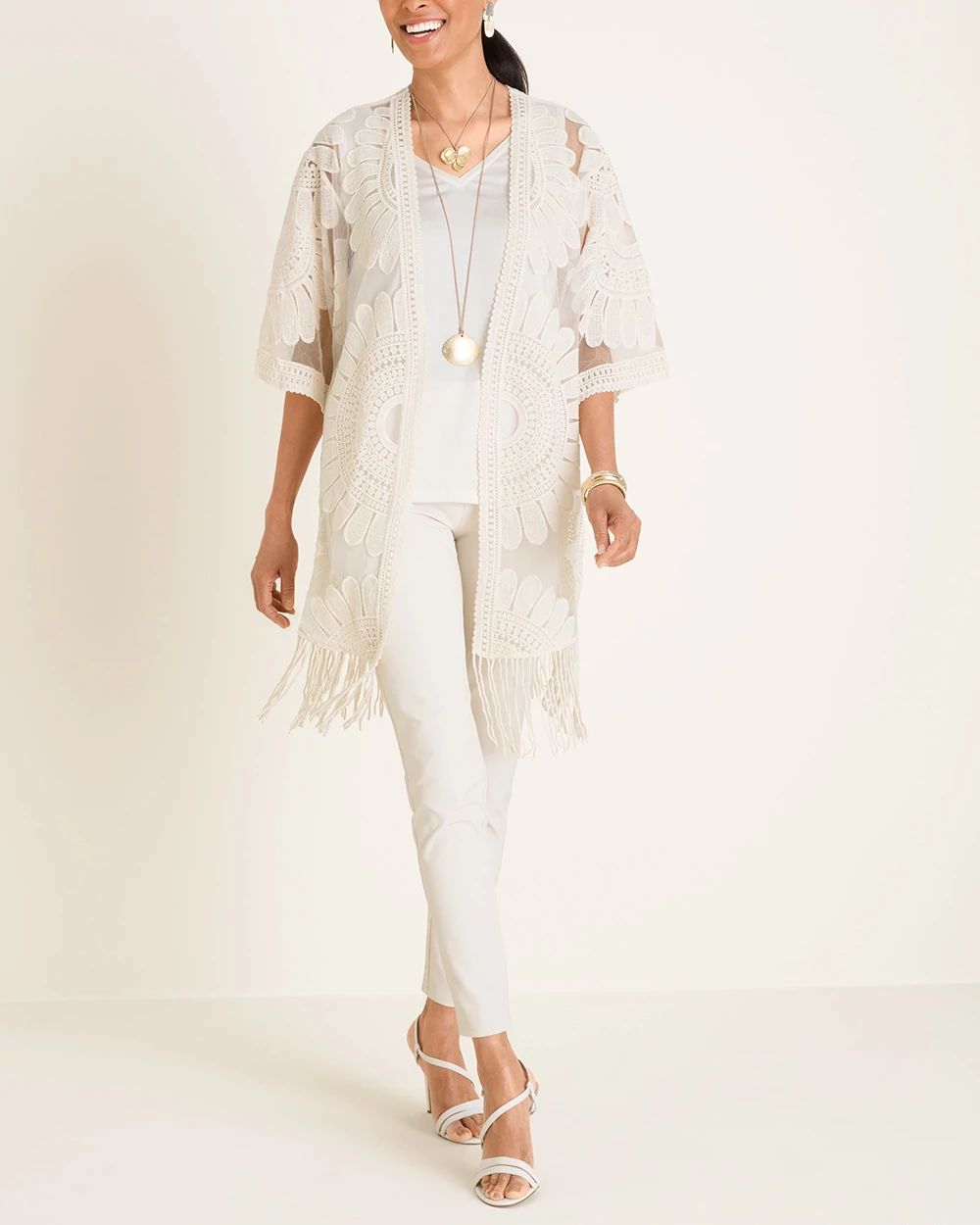 Lace Embroidered Fringe-Detail Kimono