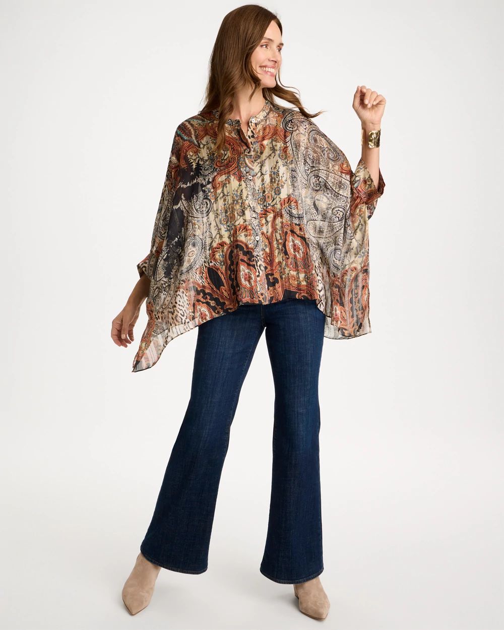 Button-Front Crewneck Cuffed Poncho click to view larger image.