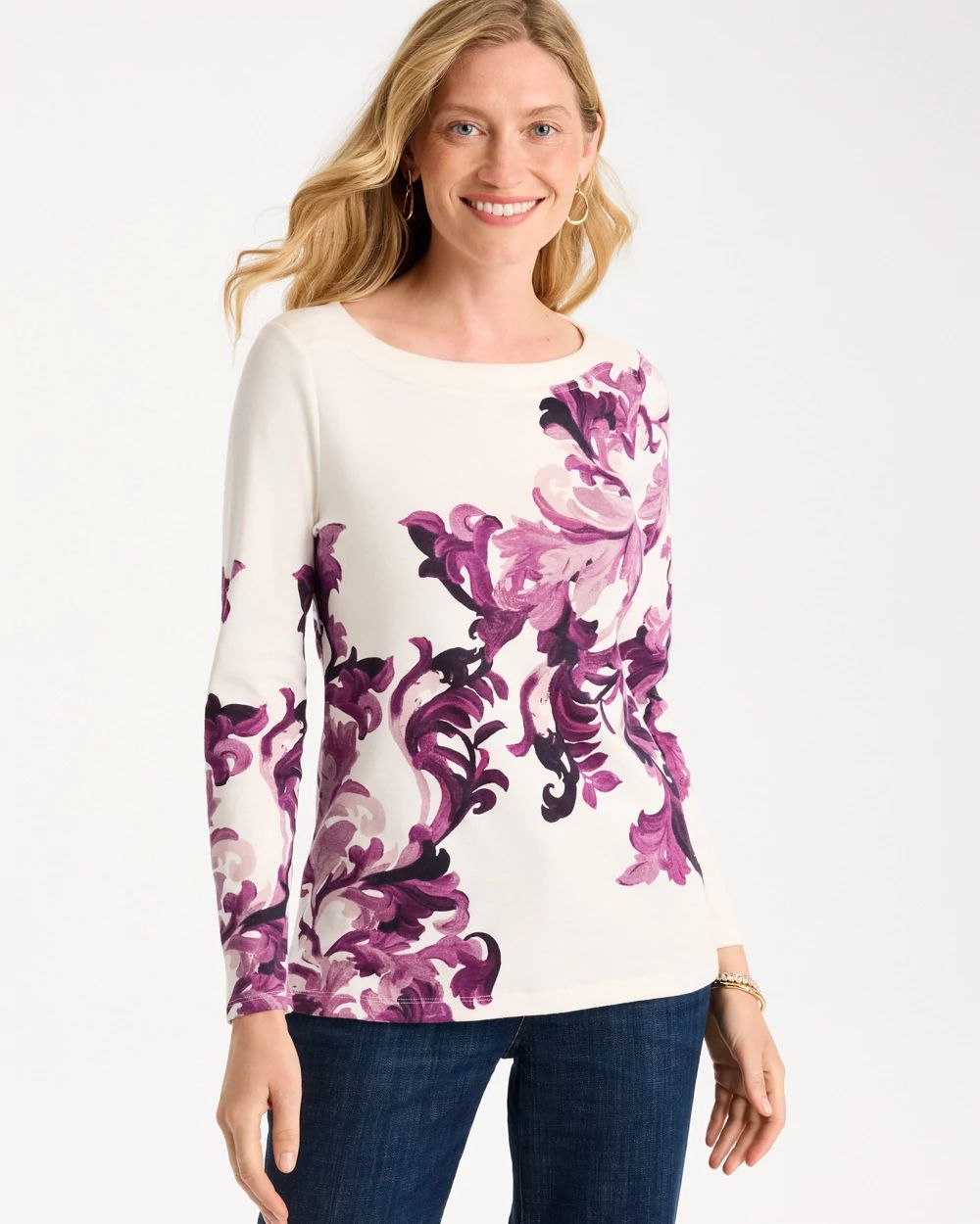 Placed Print Stretch Cotton Boatneck Tunic
