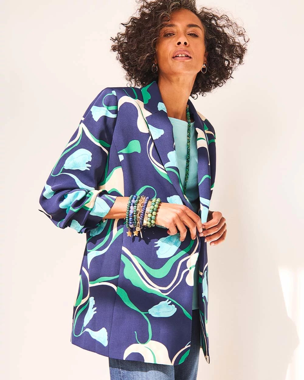 Notched-Lapel Ruched Sleeve Blazer
