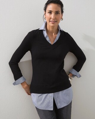 Built-In Woven Shirt Knit Sweater