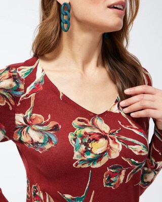 Spun Rayon Floral V-Neck Sweater