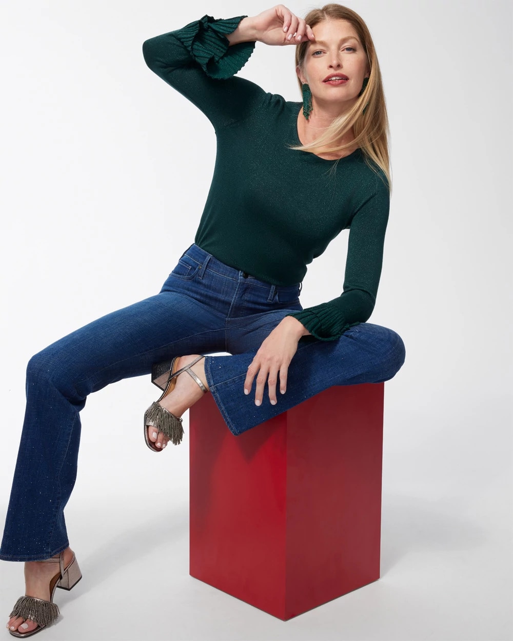 Lurex Pleat Sleeve Pullover Sweater