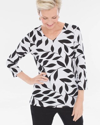 Black and White Leaves V-Neck Top