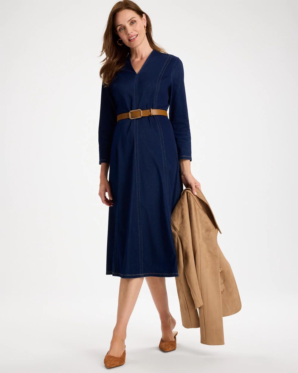Knit Denim Seamed 3/4 Sleeve Dress click to view larger image.
