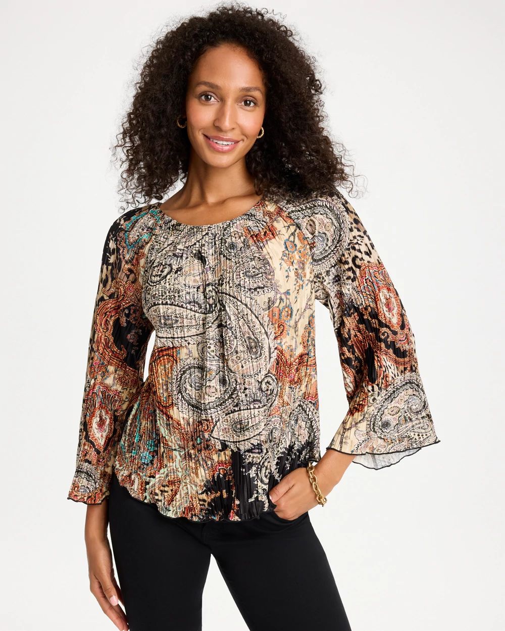 Printed Pleated Flare Sleeve Top
