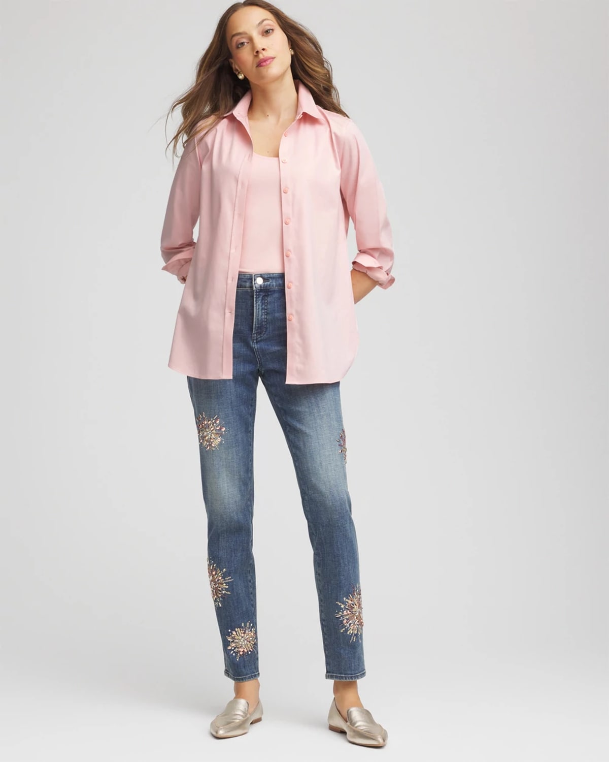 Chico's No Iron Fall Stretch Shirt In Blushed In Pink
