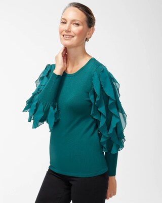 Spun Rayon Teal Ruffle Sleeve Sweater