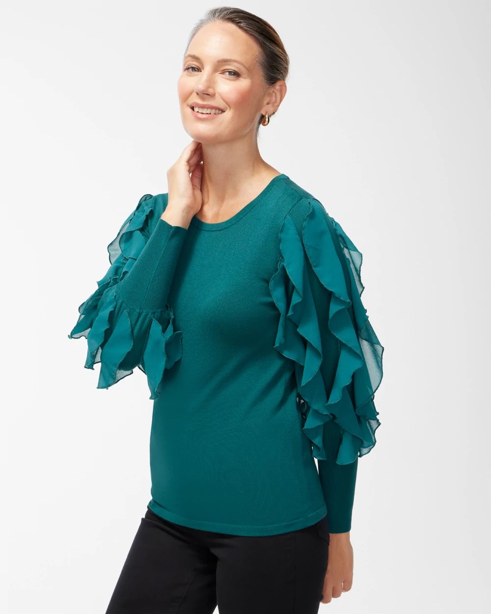 Spun Rayon Teal Ruffle Sleeve Sweater
