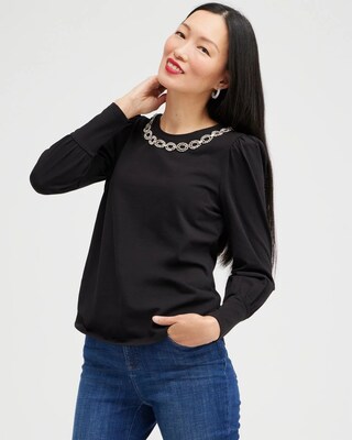 Embellished Neck Shirred Sleeve Top