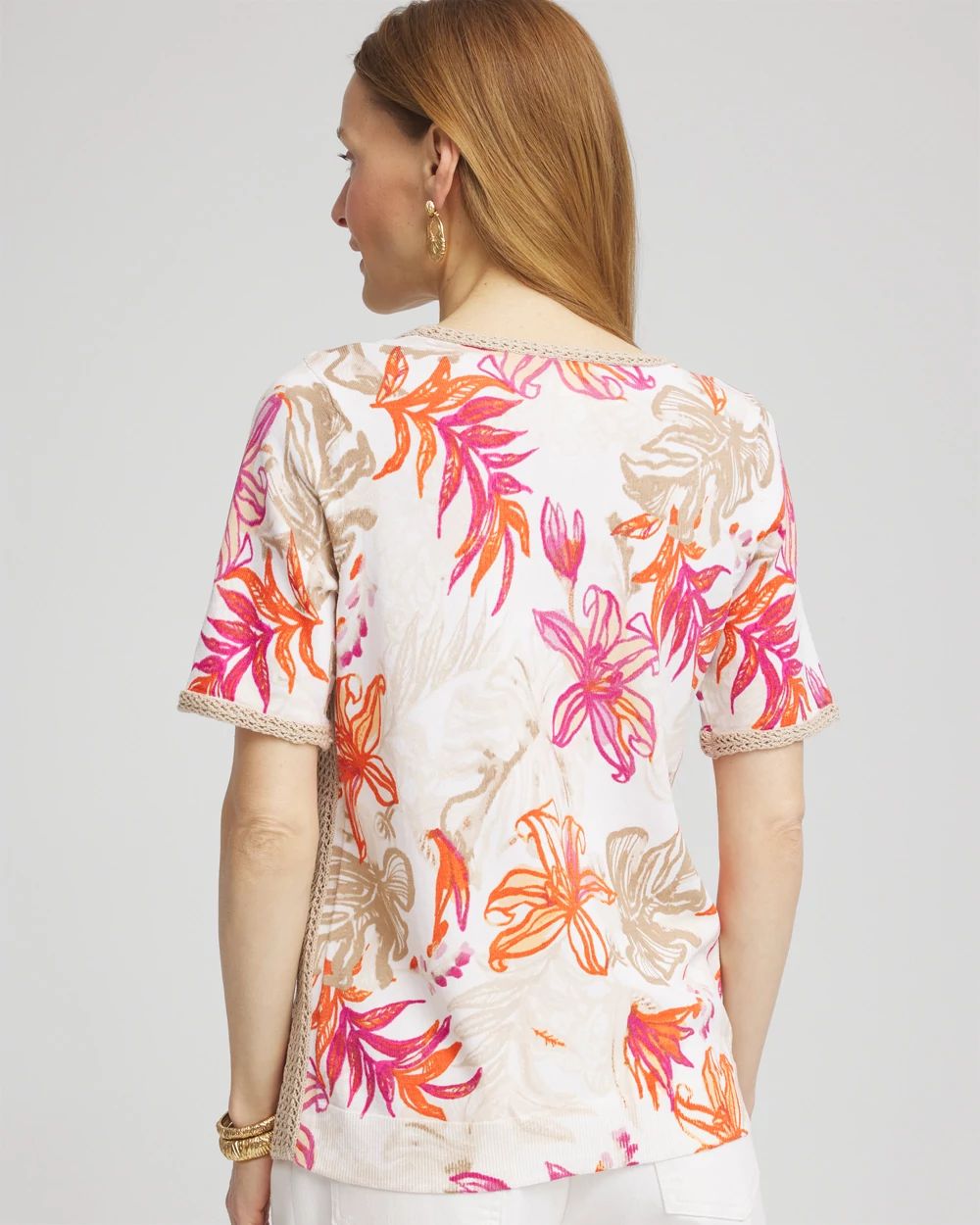Floral Print Crochet-Trim Pullover Sweater