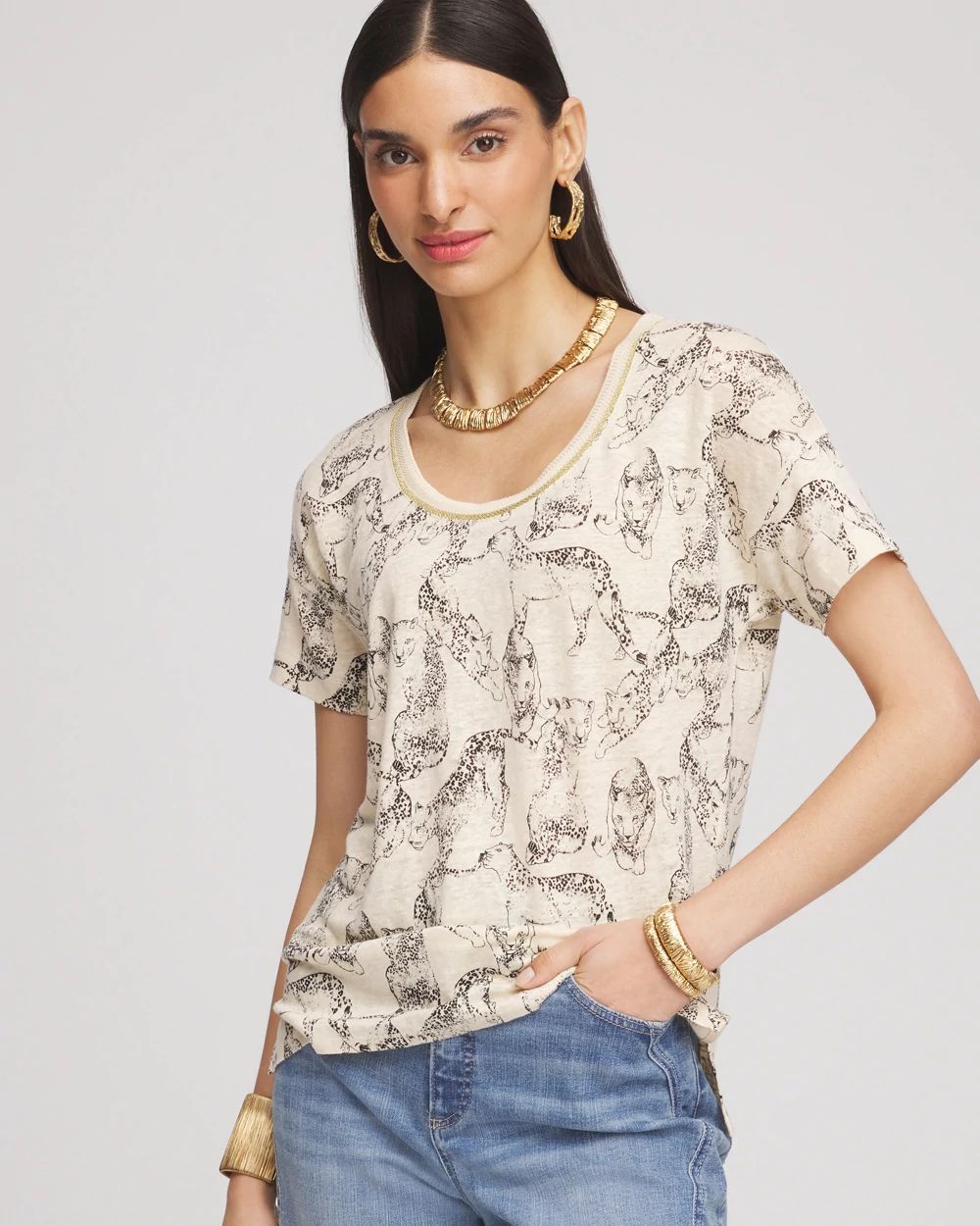 Panther Sweater-Trim Linen Tee
