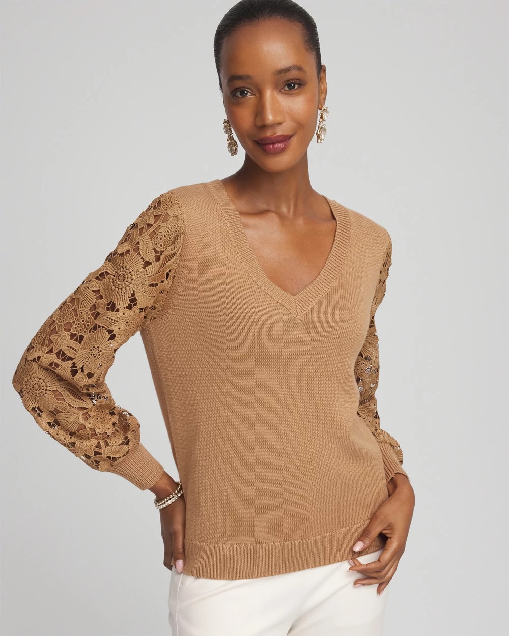 Woven Lace V-Neck Pullover Sweater