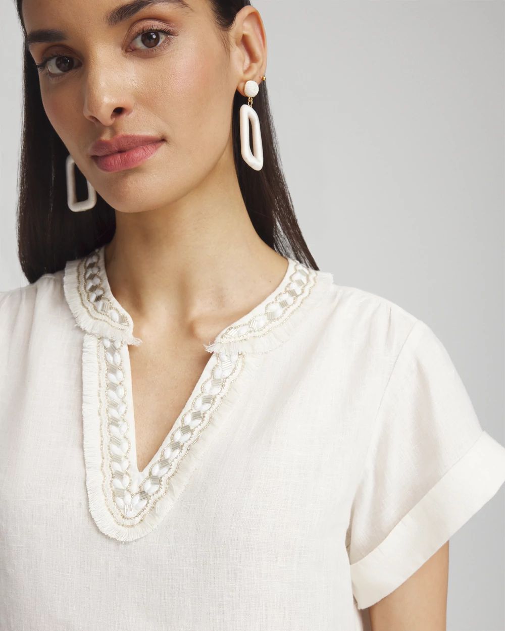 Linen Embellished Neck Top