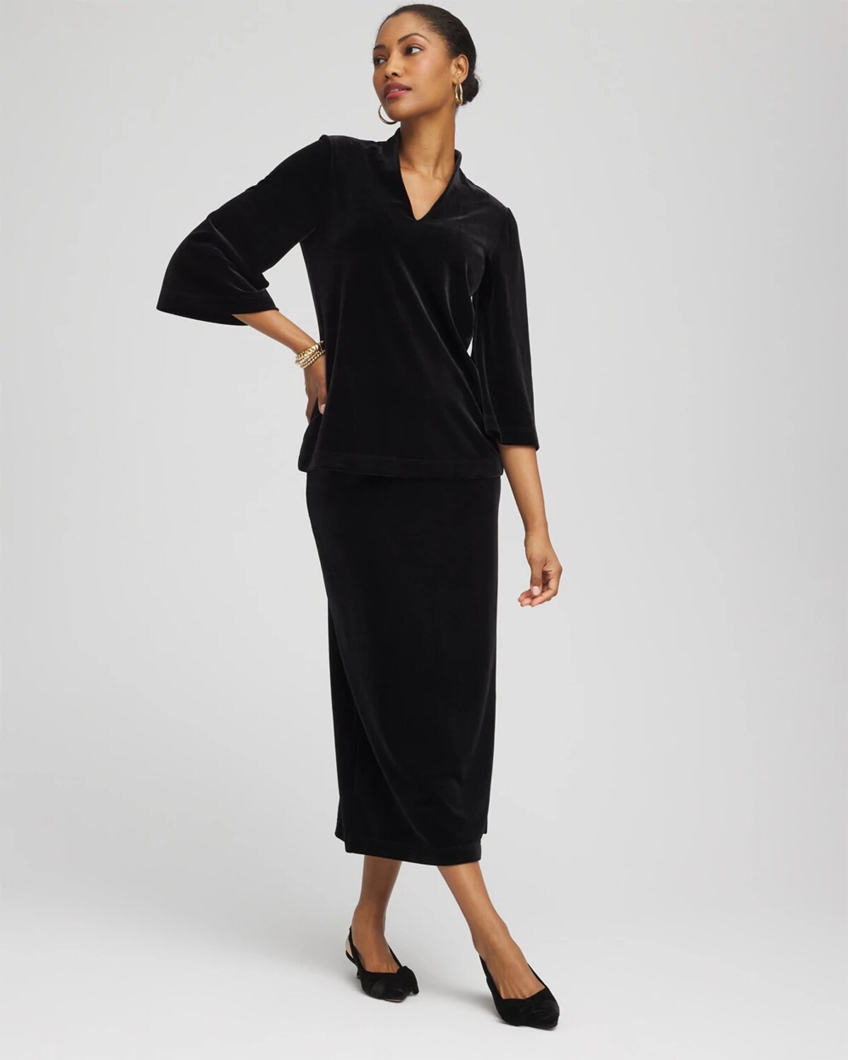 Chico's Travelers Velvet V-neck Kimono Sleeve Top In Black In Black