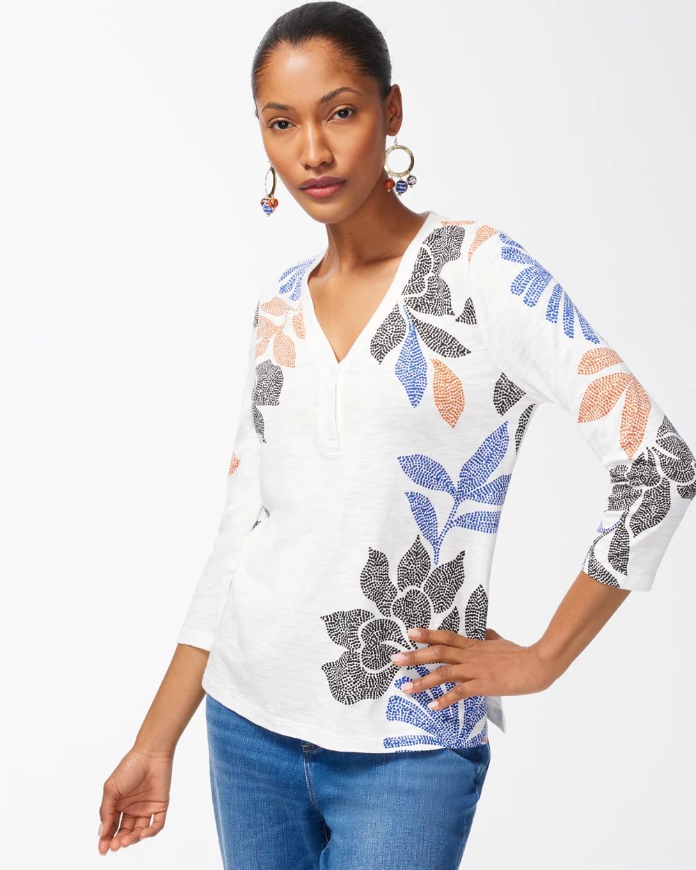 Leaf Print 3/4 Sleeve Slub Tee