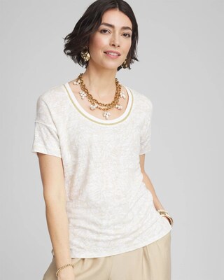 Printed Sweater Trim Linen Tee click to view larger image.
