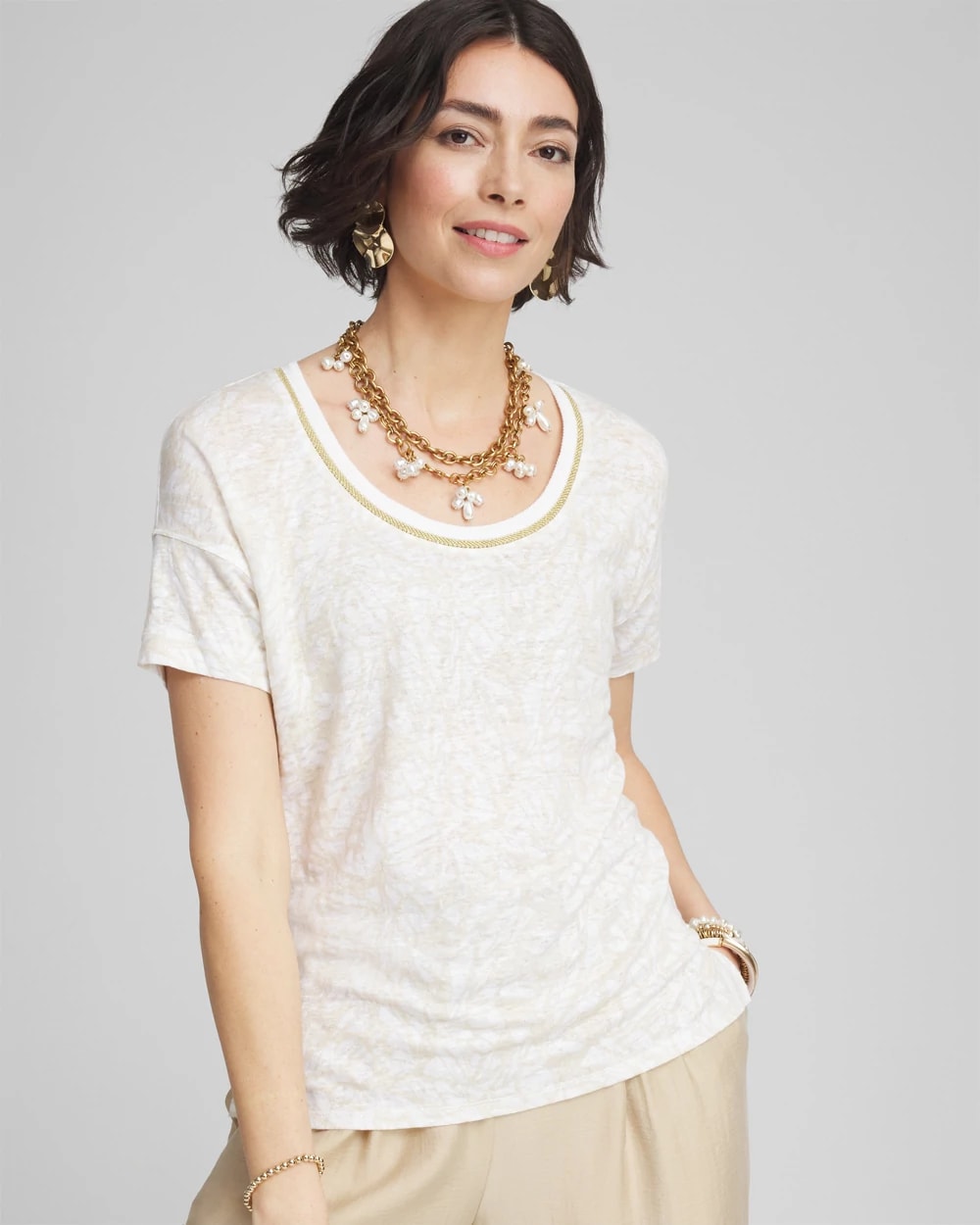 Printed Sweater Trim Linen Tee, photo 1 of 5