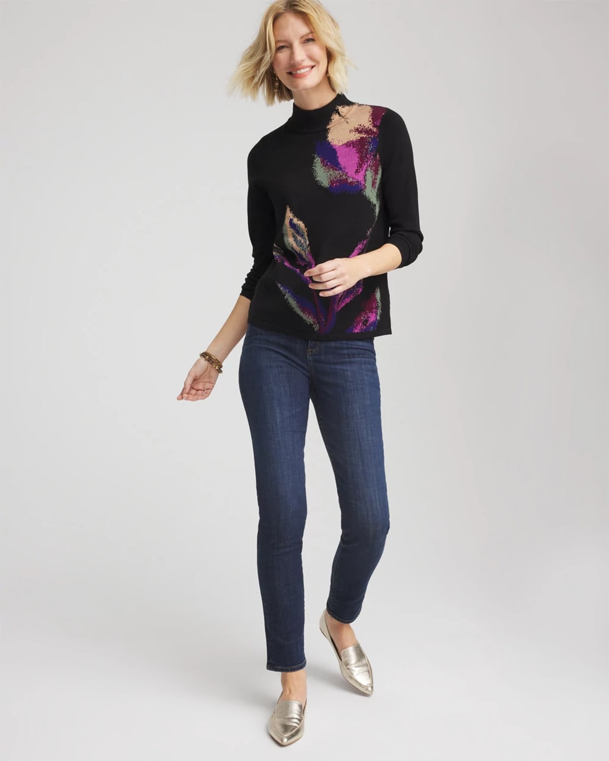 Chico's Ella Mockneck Jacquard Pullover Sweater In Black In Black