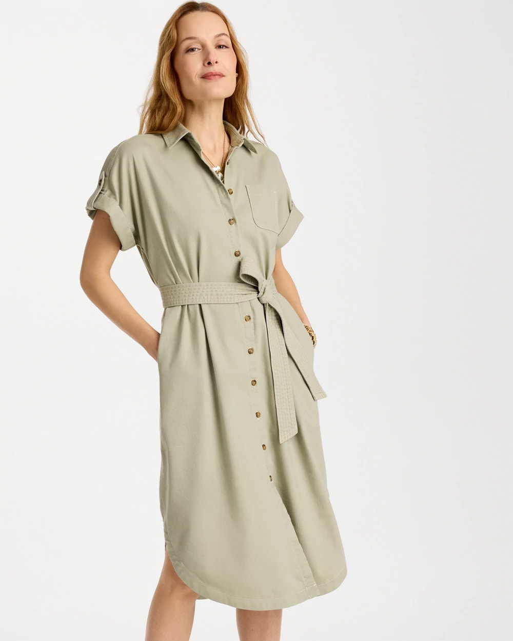 Women's Dolman Tie Hemp Denim Shirtdress in Seagrass Green size 4/6-Small | Chico's Women's Dolman Tie Hemp Denim Shirtdress in Seagrass Green size 4/6-Small | Chico's