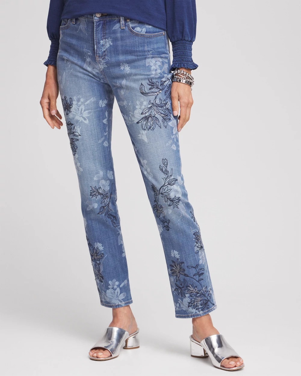 Girlfriend Floral Embroidered Ankle Jeans