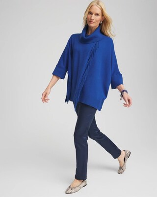 Cowl Neck Fringe Cashmere Blend Poncho click to view larger image.