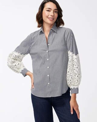 Poplin Stripe Crochet Sleeve Shirt