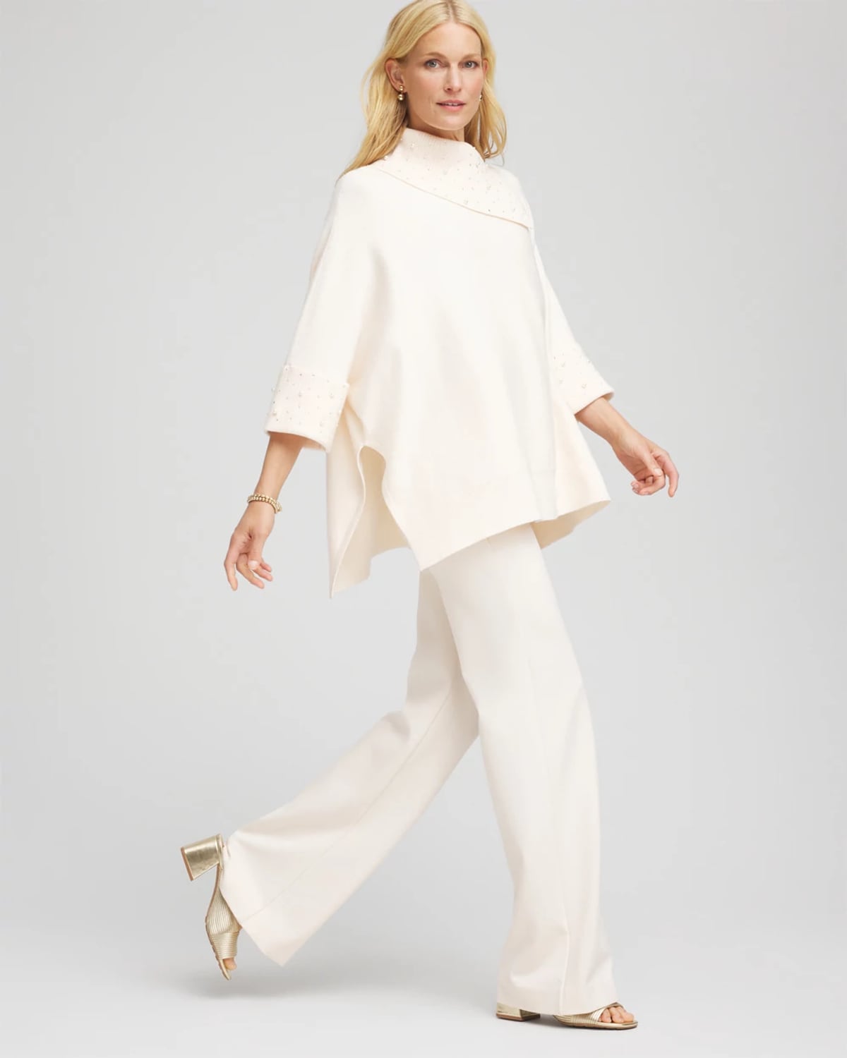 Chico's Embellished Sweater Poncho In Cream In White