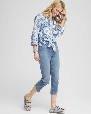 Pull-On Dolphin-Hemmed Capri Jeans click to view larger image.