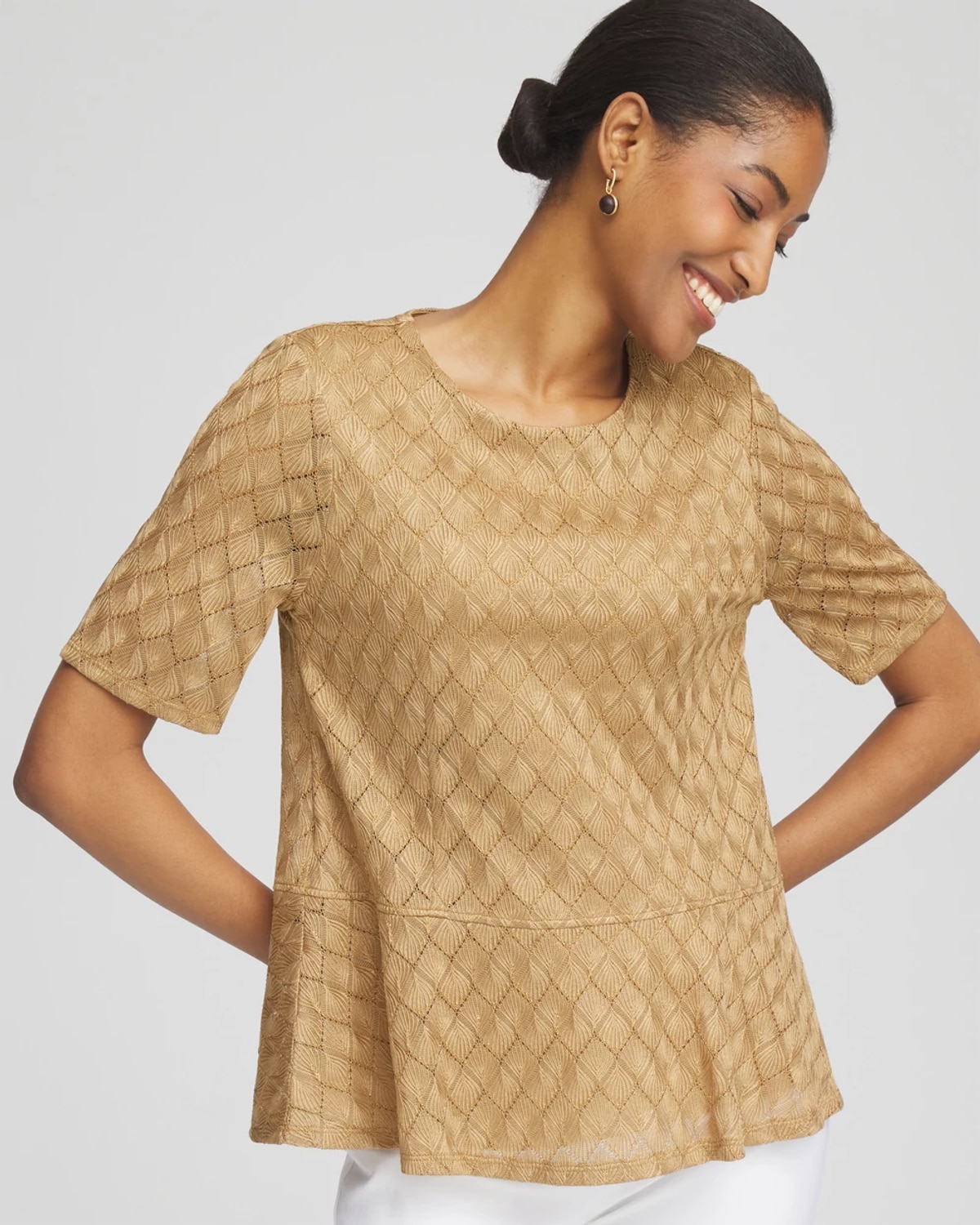 Chico's Metallic Crochet-lace Peplum Tee In Brown