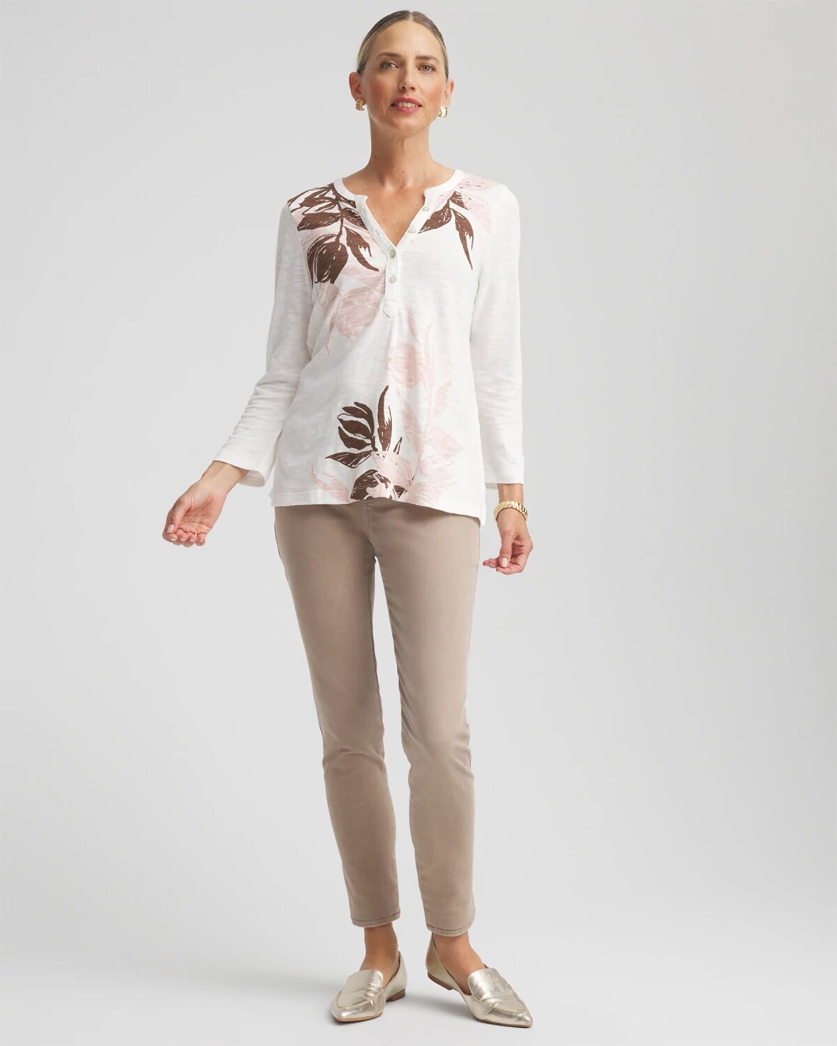 Chico's Split Neck Henley Tee In Pink In Pink
