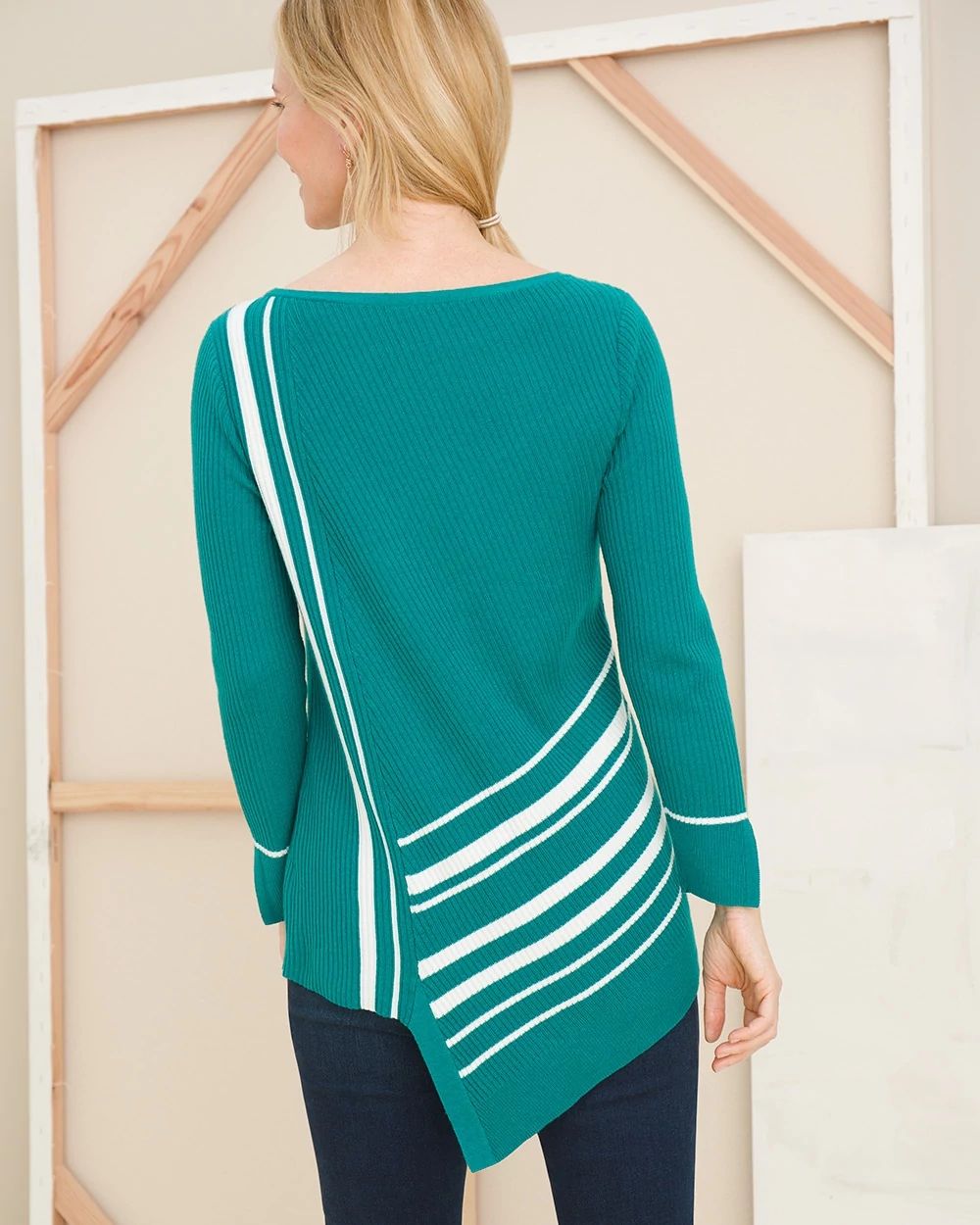 Asymmetrical-Hem Striped Tunic Sweater