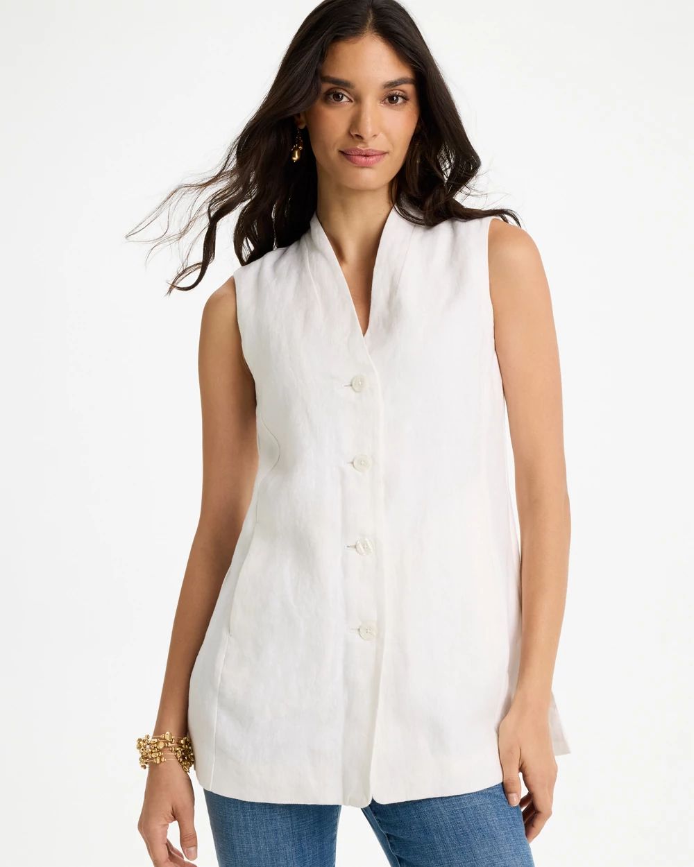 Long Linen Sleeveless Vest click to view larger image.