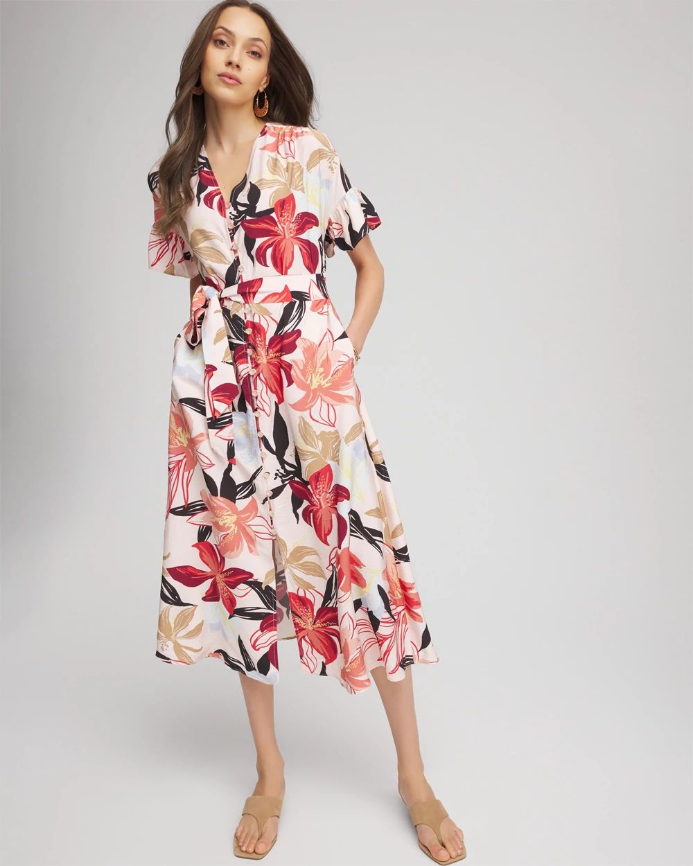 Tonal Floral Ruffle-Sleeved Midi Dress