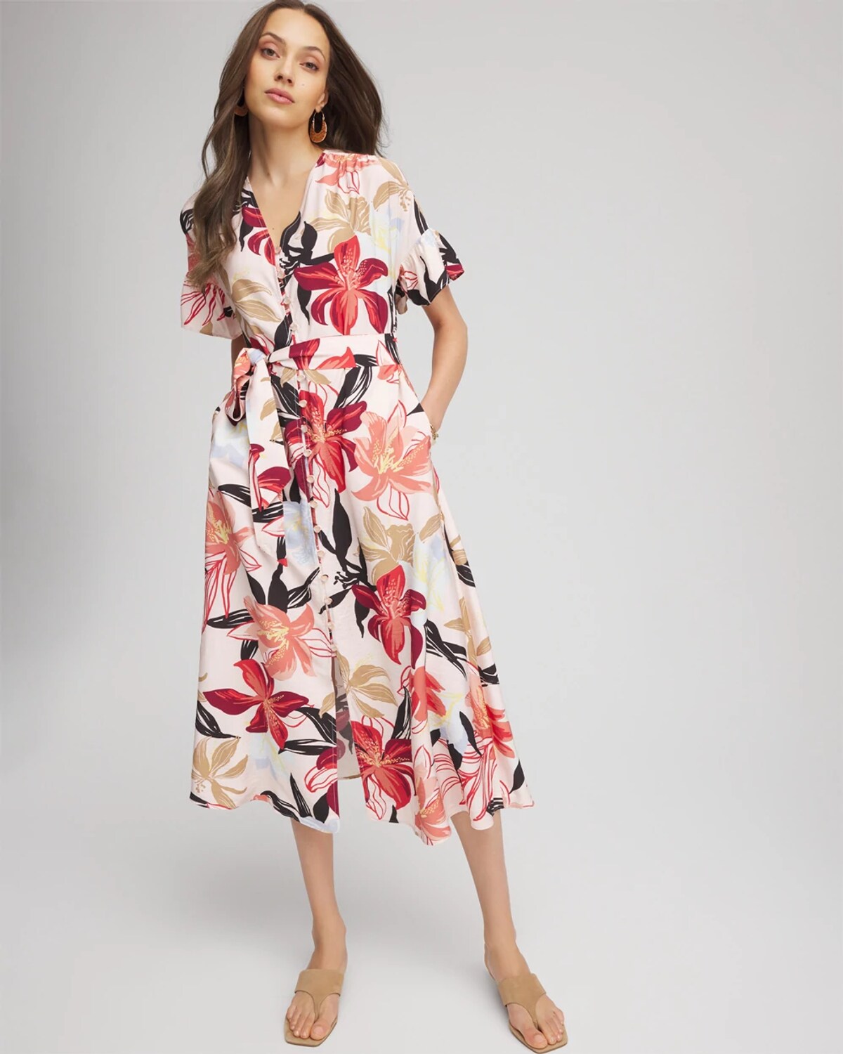 Chico's Tonal Floral Ruffle-sleeved Midi Dress In Multi