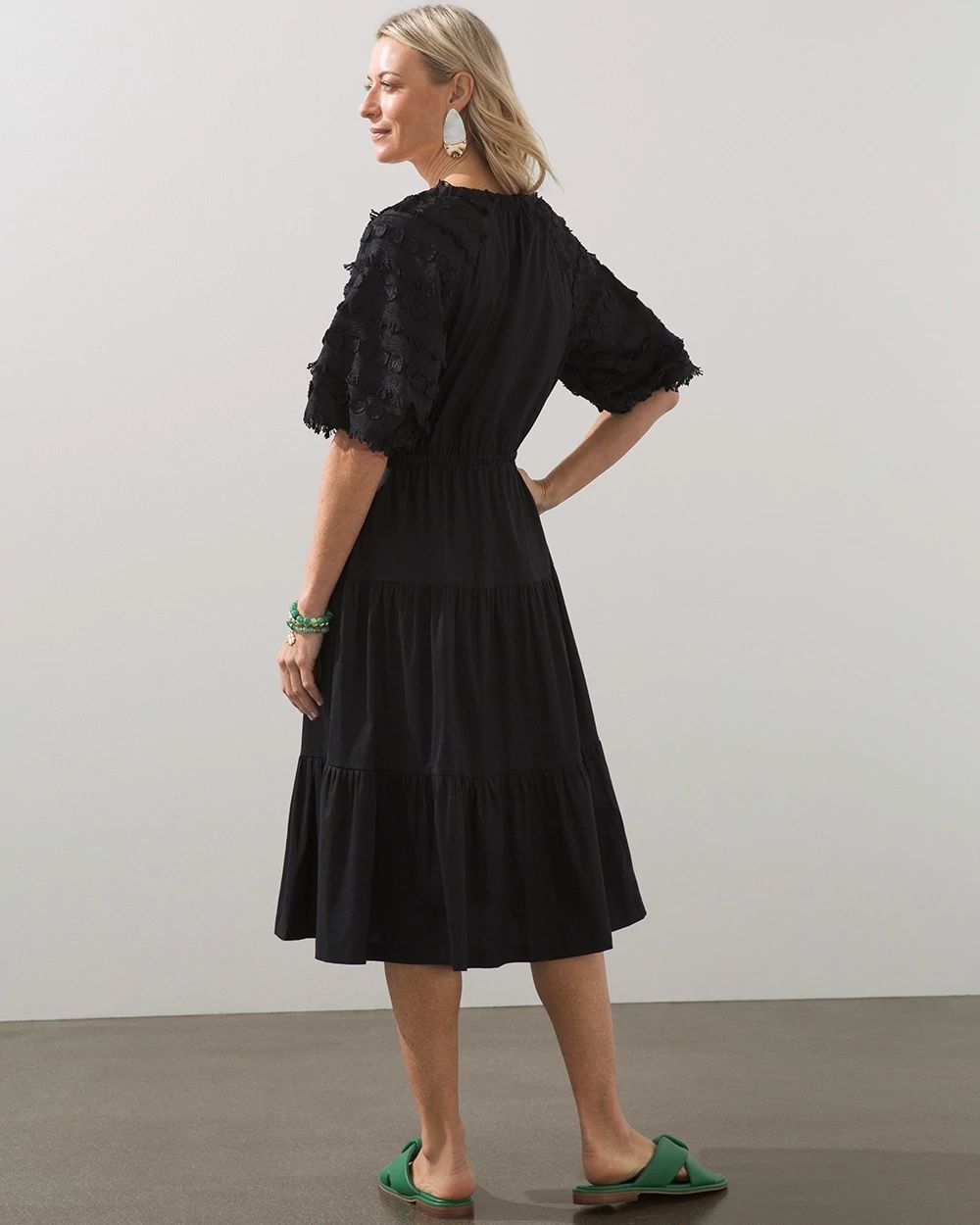 Poplin Fringe Puff Sleeve Dress