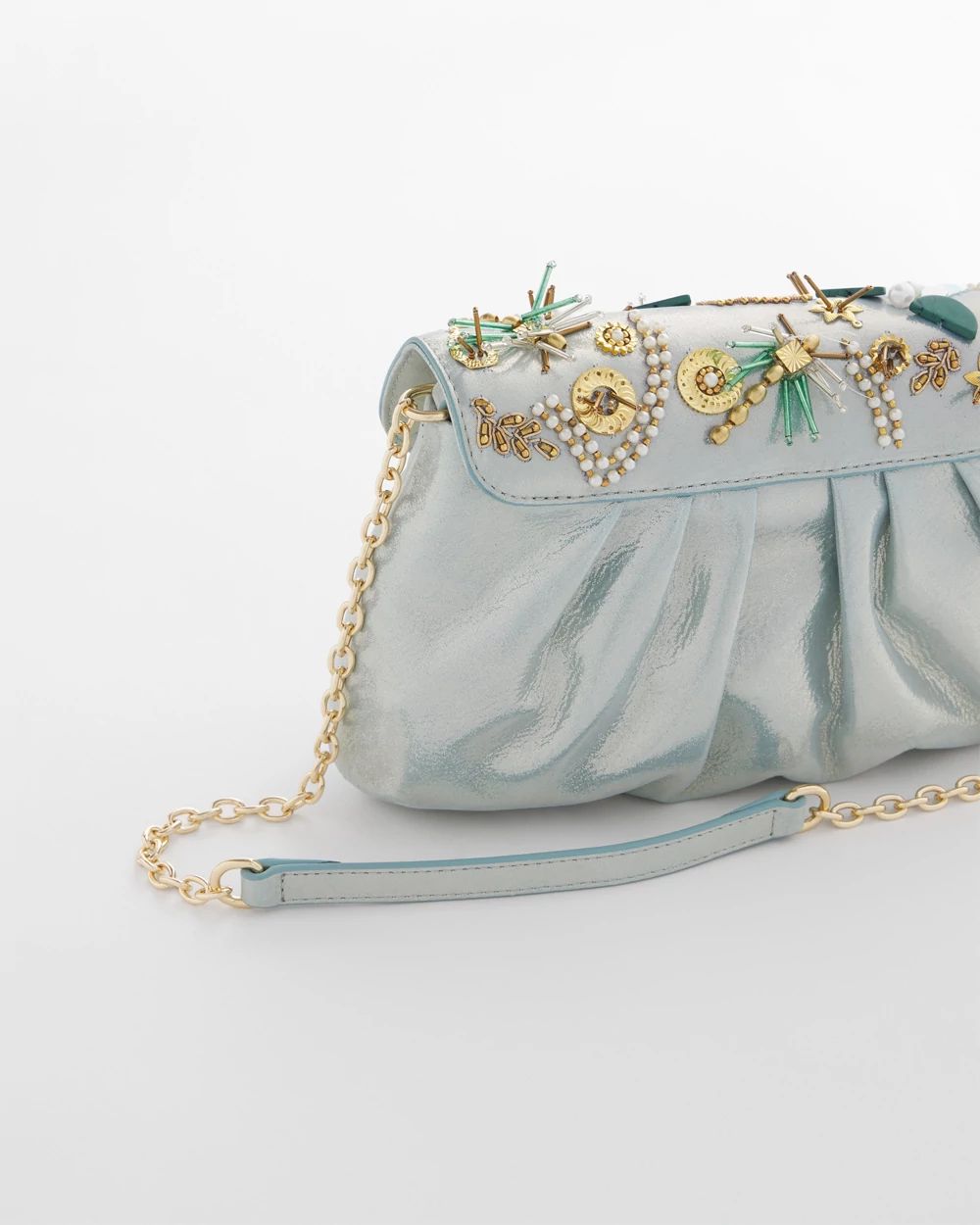 Embellished Leather Metallic Fold-Over Clutch