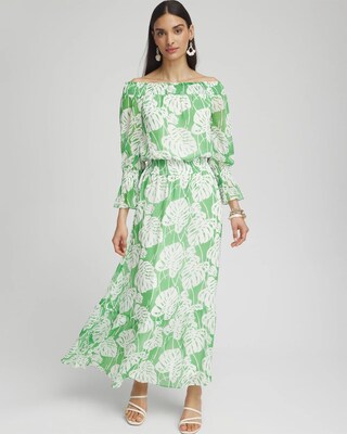 Chiffon Palms Smocked Shoulder Dress