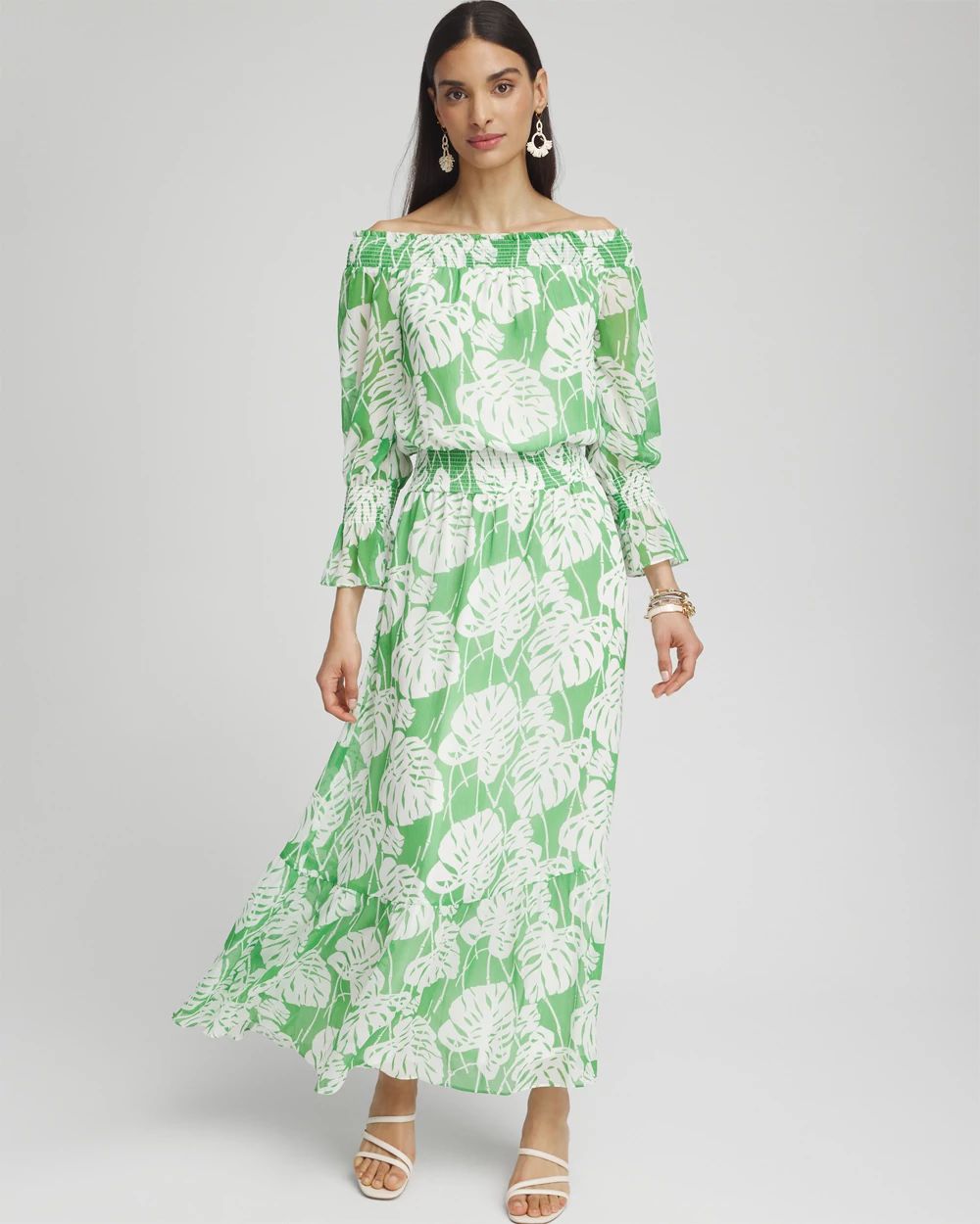 Chiffon Palms Smocked Shoulder Dress