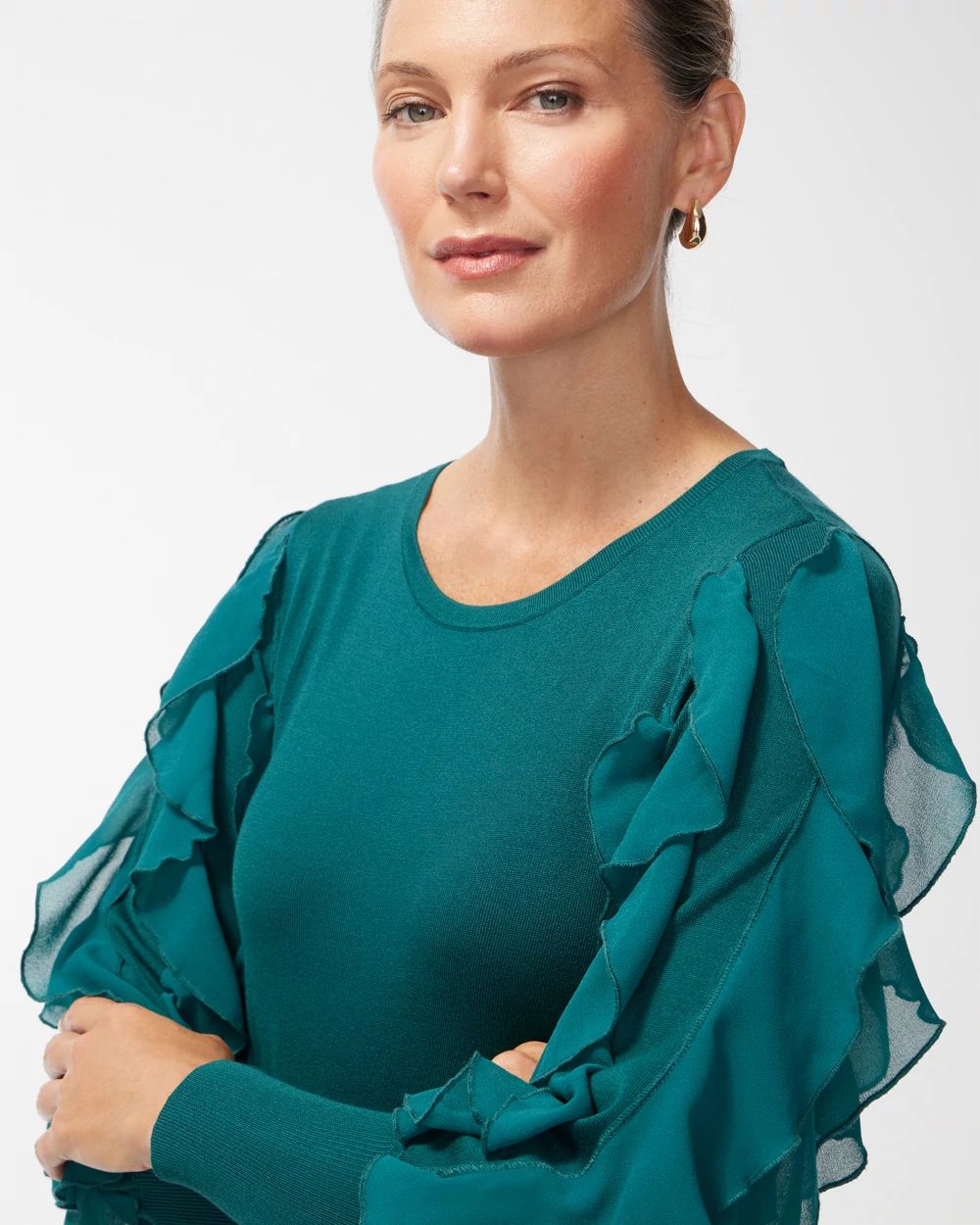 Spun Rayon Teal Ruffle Sleeve Sweater