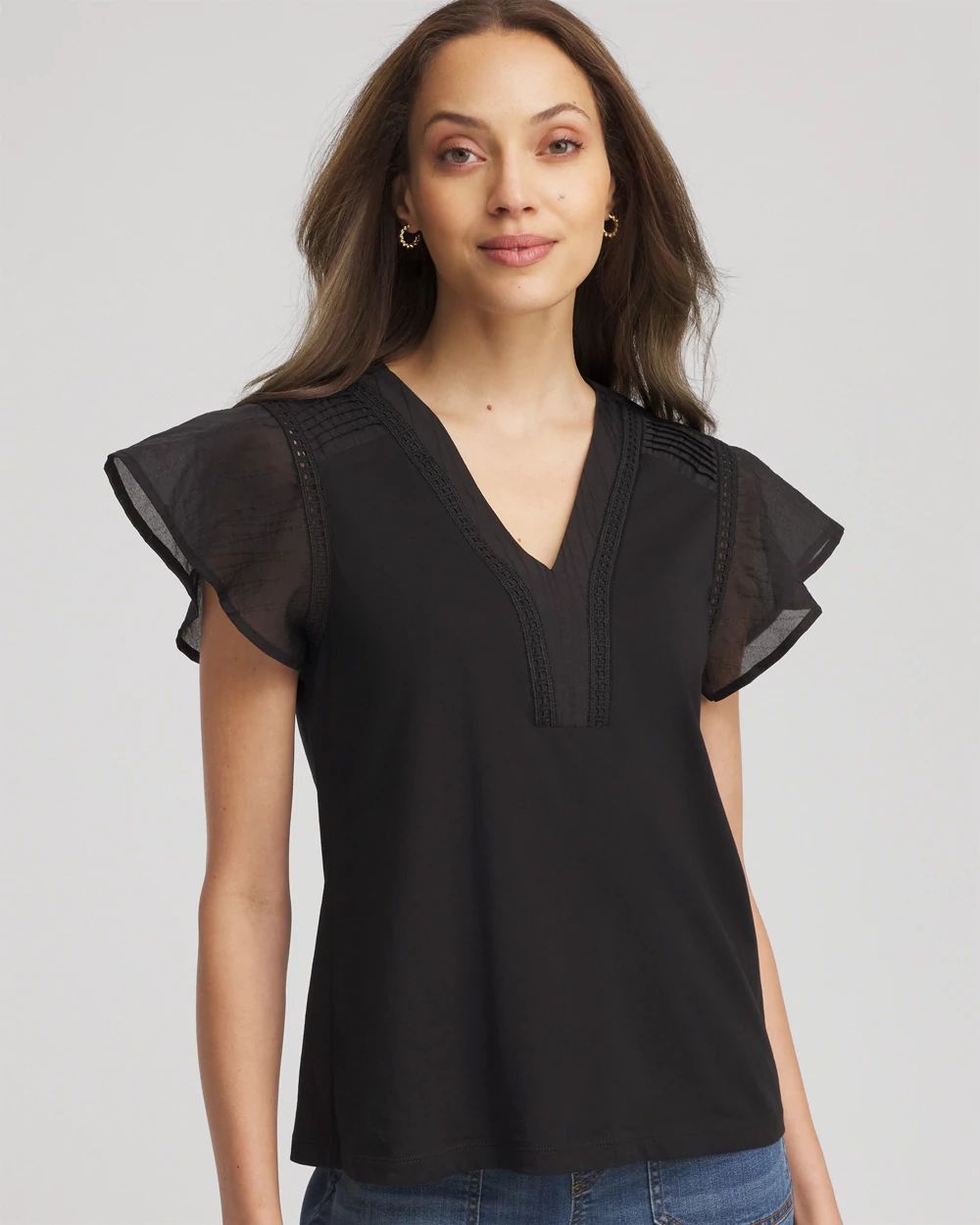 Pleated-Trim Flutter-Sleeve Tee