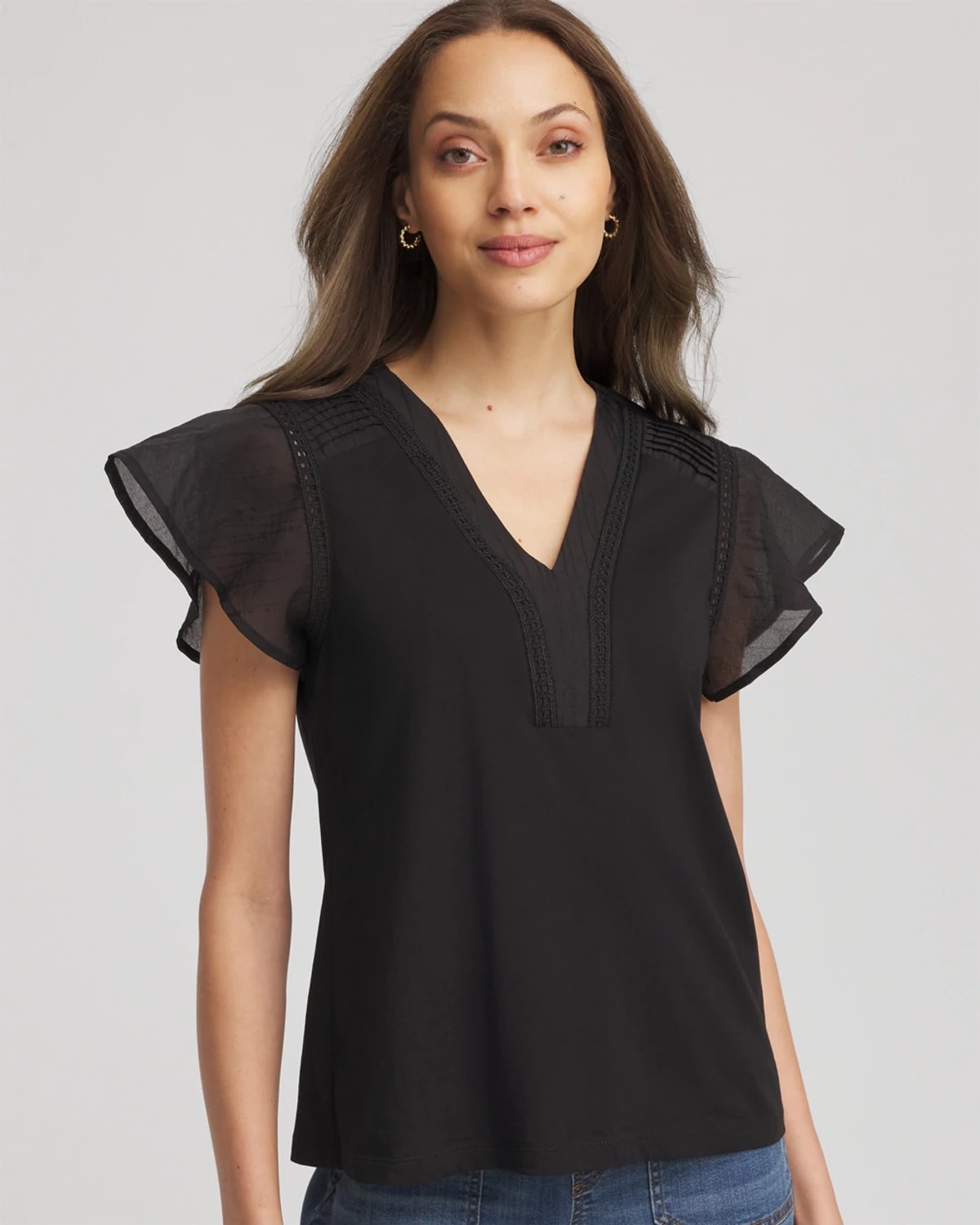 Chico's Pleated-trim Flutter-sleeve Tee In Black In Black
