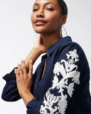 Linen Embroidered Ruffle Sleeve Shirt
