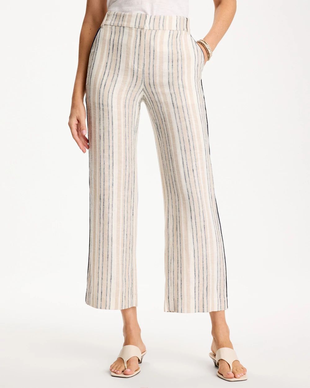 Striped Piped Linen Fly Front Pants